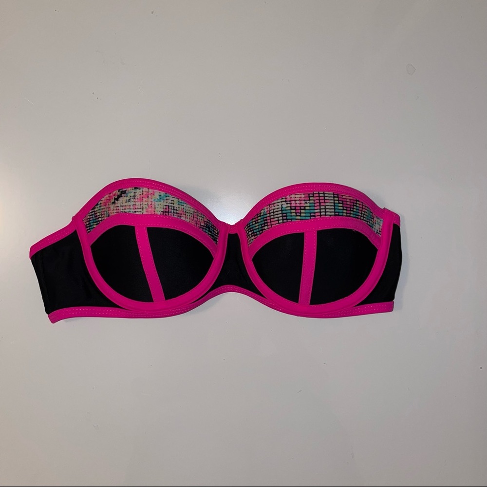 Strapless Neon pink and Black Bikini Top